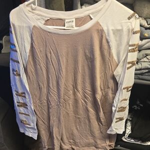 PINK Victoria's Secret Tan and White Long Sleeve Tee with Gold Accents